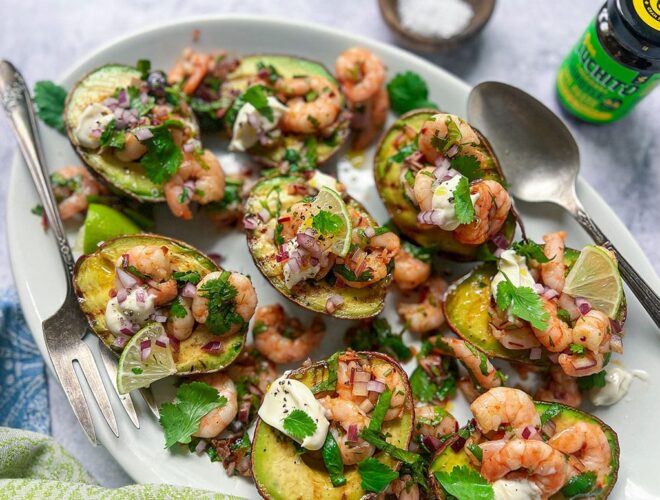 Grilled Avocado With Chipotle Prawns finished dish