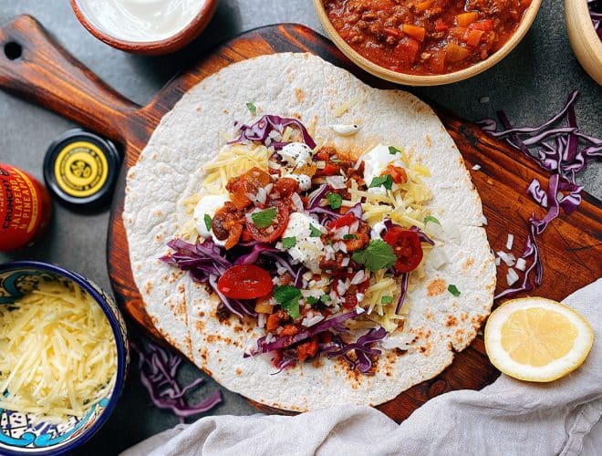 Mexican food with Chilli Con Carne Burrito