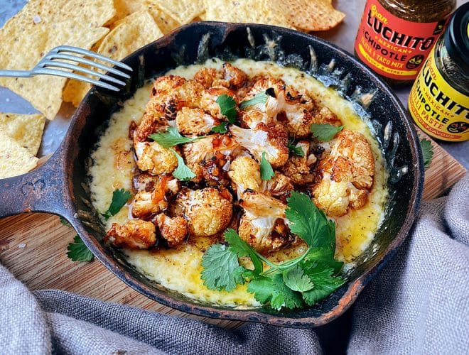 Quick queso with roasted cauliflower, veggie queso, finished dish