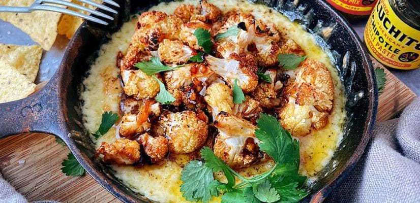 Quick queso with roasted cauliflower, veggie queso, finished dish