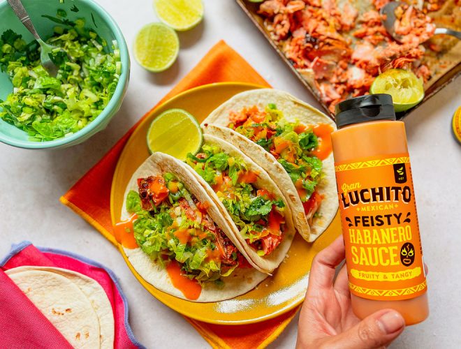 Gran Luchito Feisty Habanero Sauce - Tacos recipe - Salmon Tacos finished dish - Mexican Summer Recipes - How To Make Tacos - What To Serve With Tacos